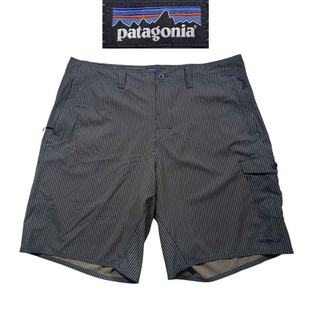 Patagonia Wavefarer Mens Cargo Shorts 38 Blue Gold Striped Flat Front 10" Inseam